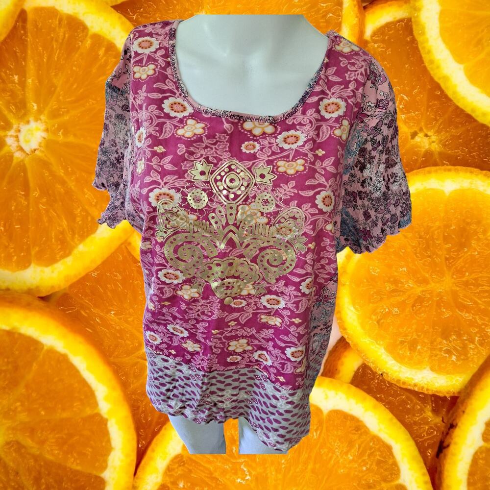 NWT Caribbean‎ Joe U Neck Paisley Short Sleeve Top Size XL